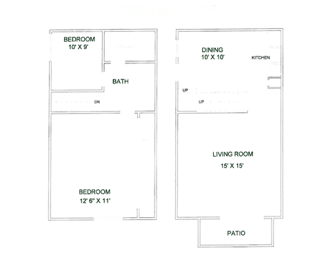 A floor plan of a house with two bedrooms, a living room, a dining area, a kitchen, a bathroom, and a patio.